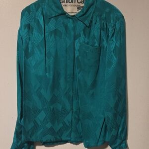Vintage Oleg Cassini Teal Silk Blouse